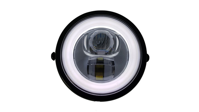 LED Motorradscheinwerfer mit nur 120 mm Durchmesser und rundem Tagfahrlicht