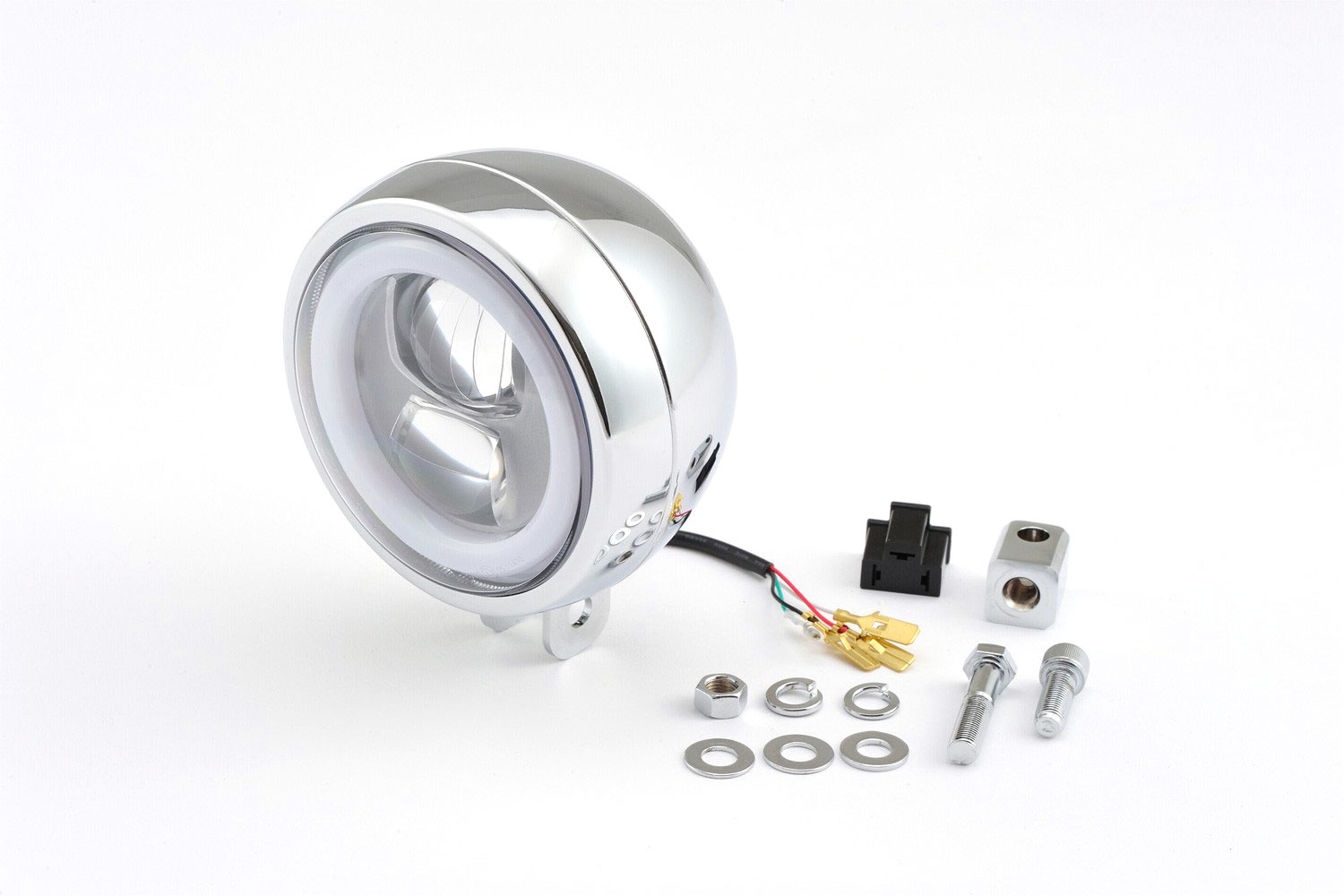 LED Motorradscheinwerfer chrom mit nur 120 mm Durchmesser und