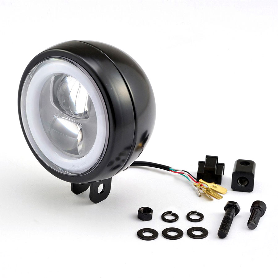 LED Motorradscheinwerfer schwarz mit nur 120 mm Durchmesser und rundem  Tagfahrlicht, Befestigung unten